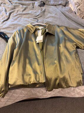 NWT Melissa Nepton Sage Green Satin Blouson Bomber Jacket